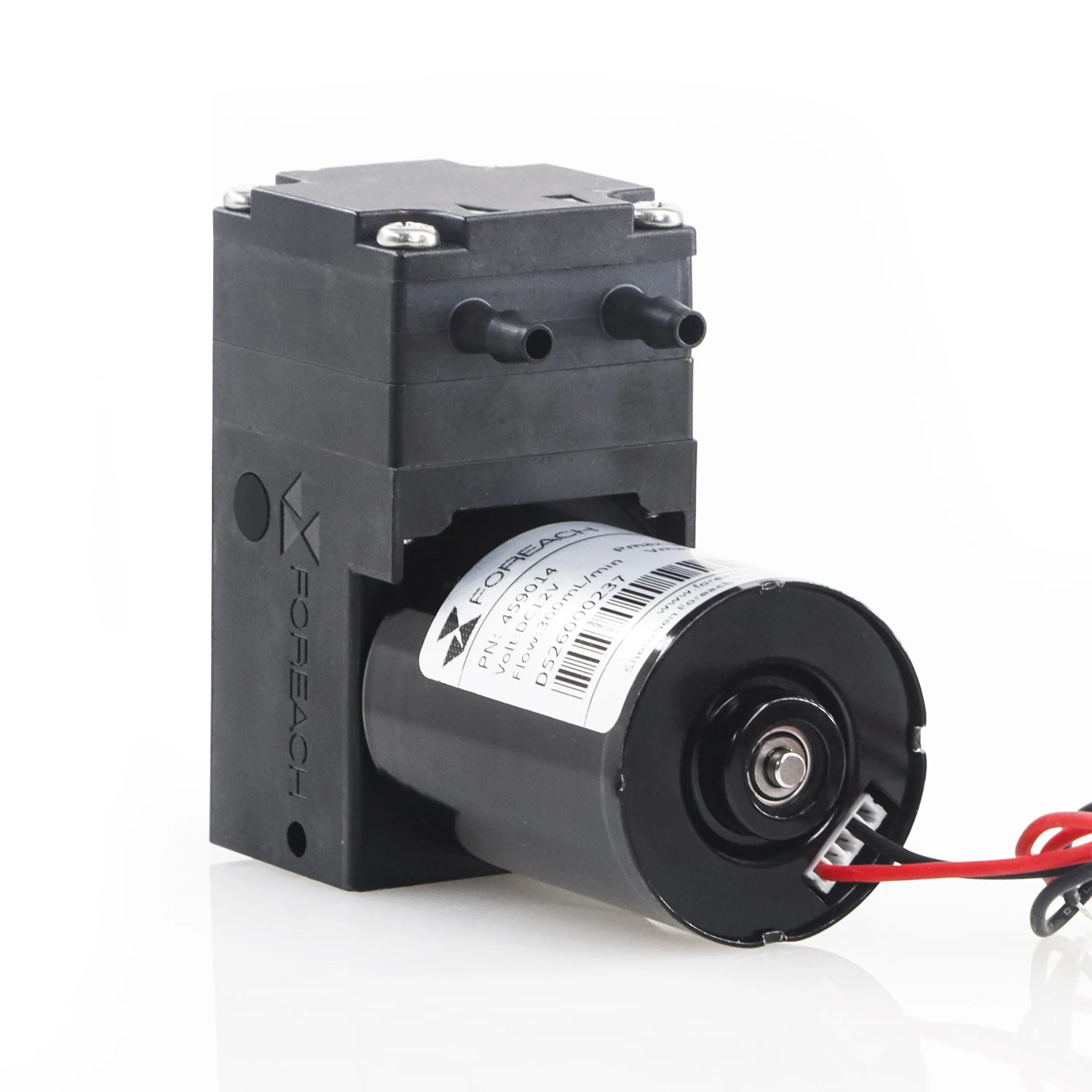 Foreach DPL30 brushless DC micro liquid diaphragm pump, 0–300 mL/min flow range, side view showing twin hose barbs