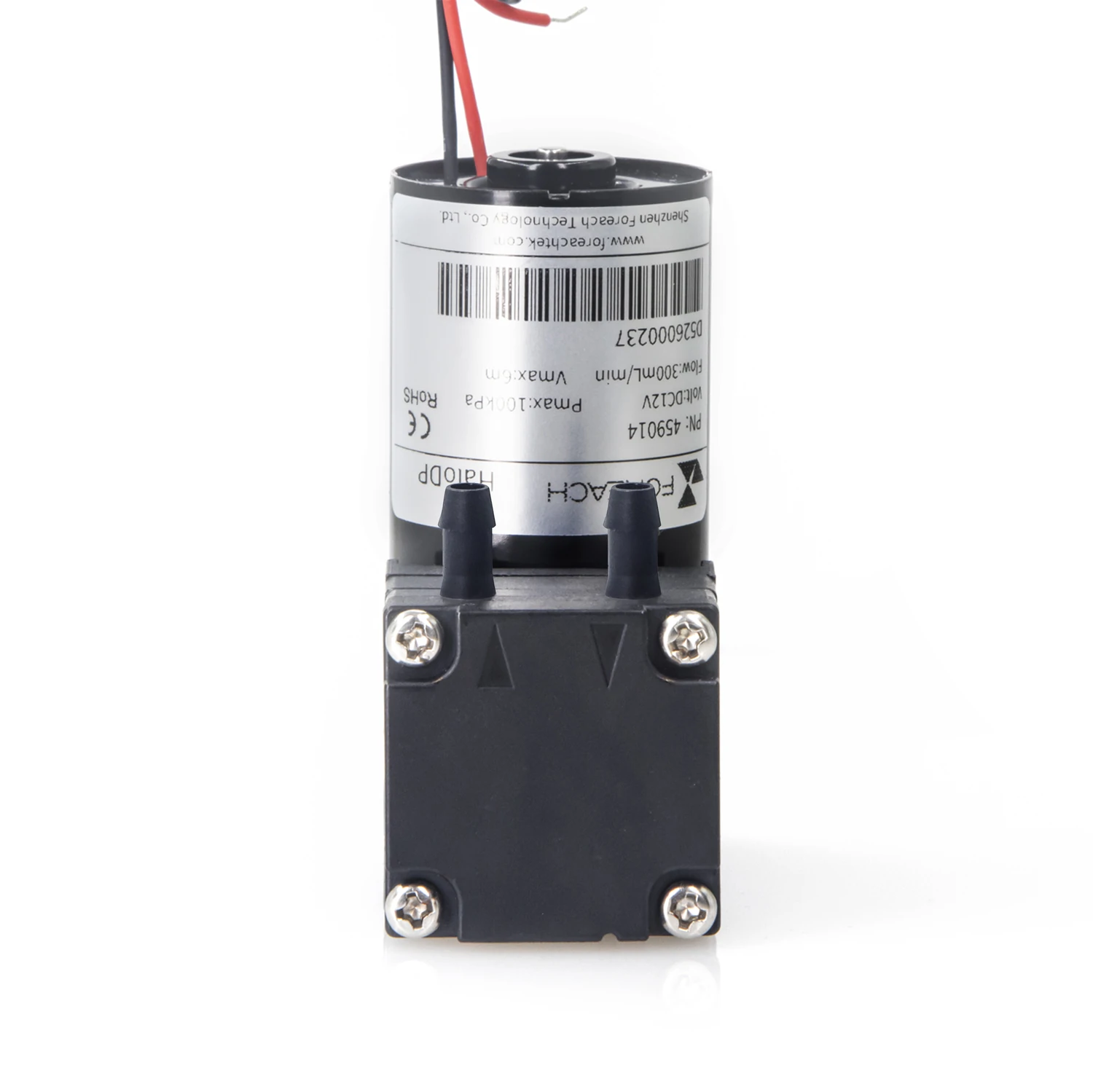 Foreach DPL60 brushless DC micro liquid diaphragm pump, 0–600 mL/min flow range and maximum pressure 100 kPa, front view