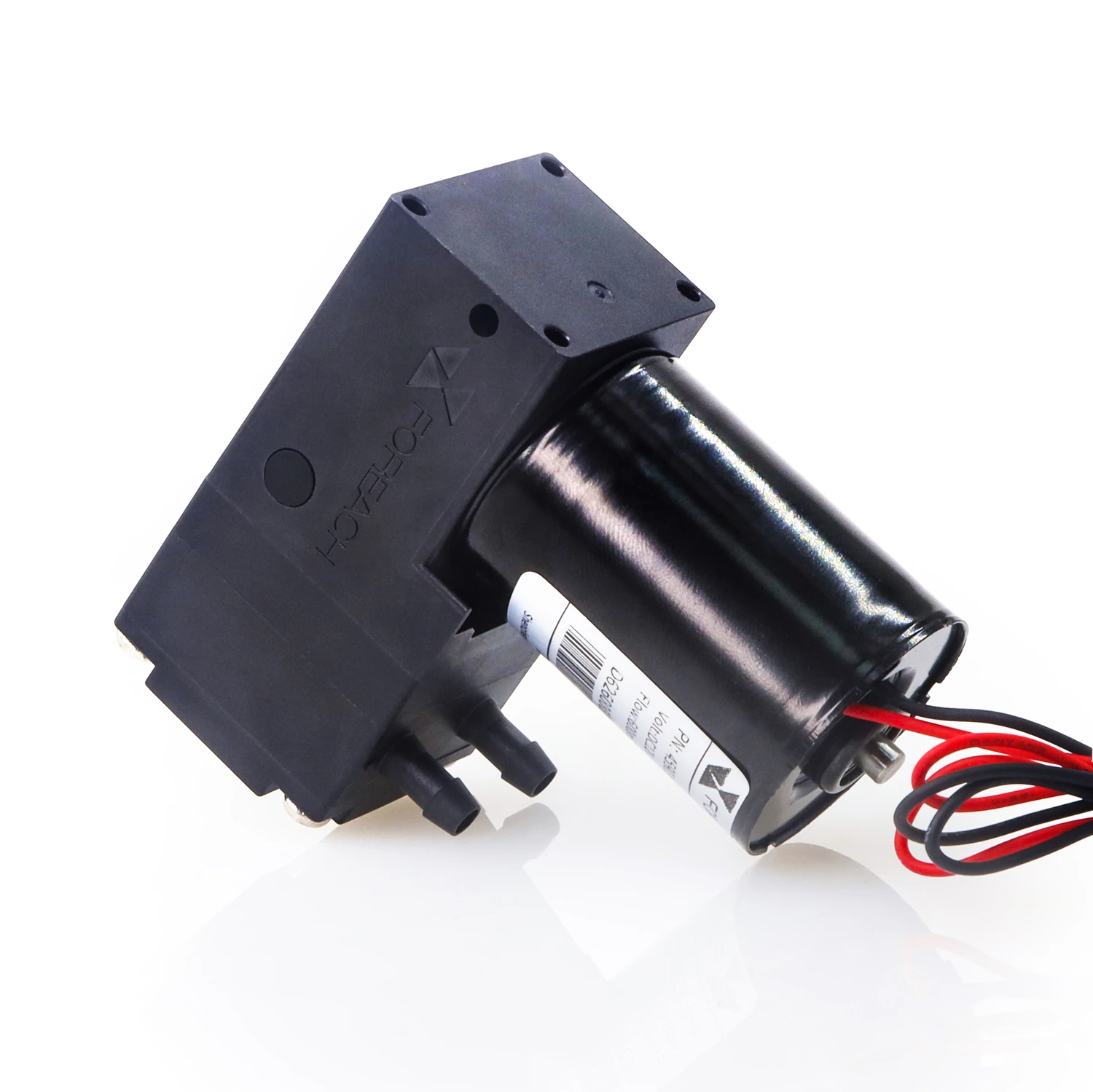 Foreach DPL60 PWM-controlled micro liquid diaphragm pump with 0–600 mL/min flow range, showing five motor leads and twin hose barbs