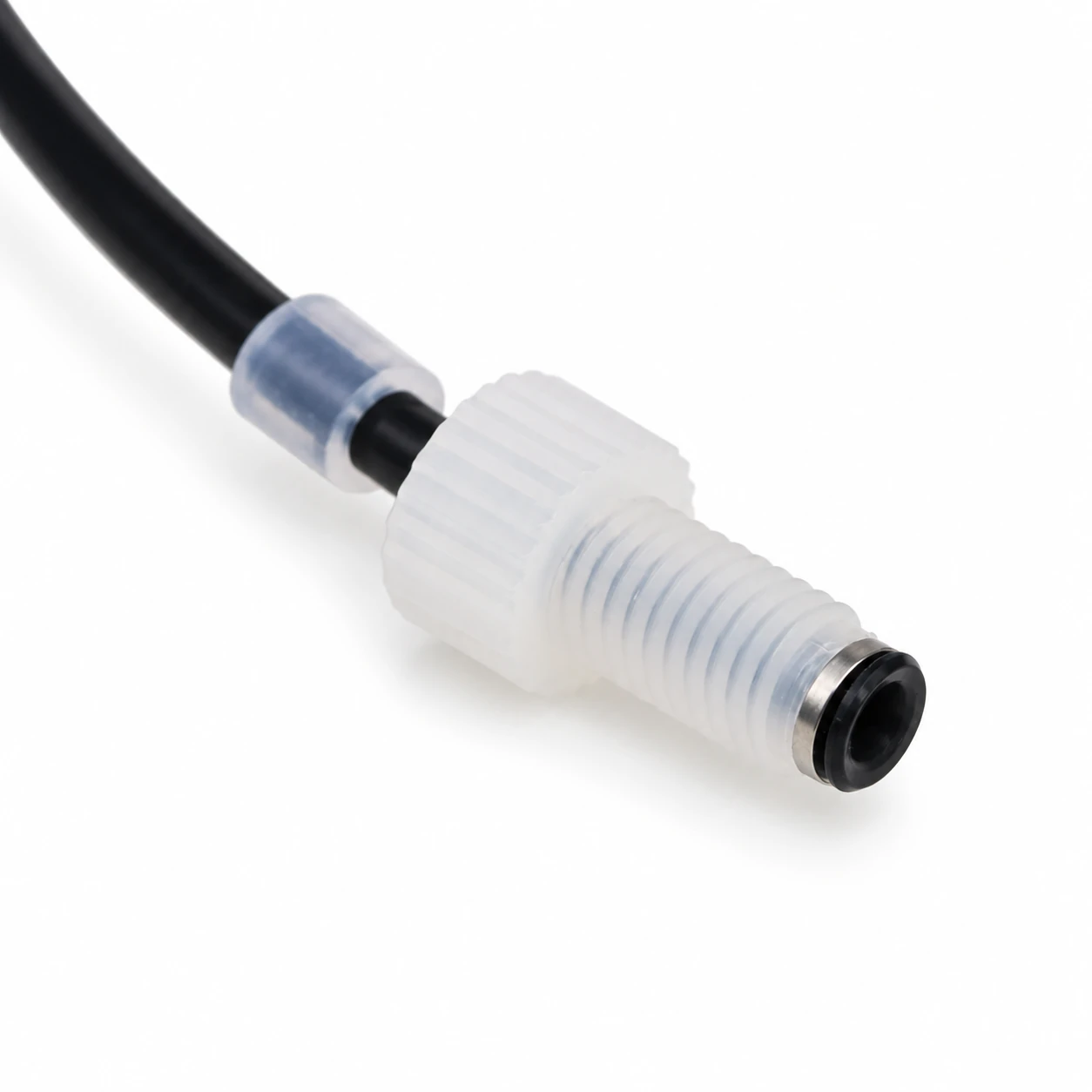 Ensemble de tube PTFE noir à collet : tube noir, raccord fileté translucide et rondelle d'appui métallique