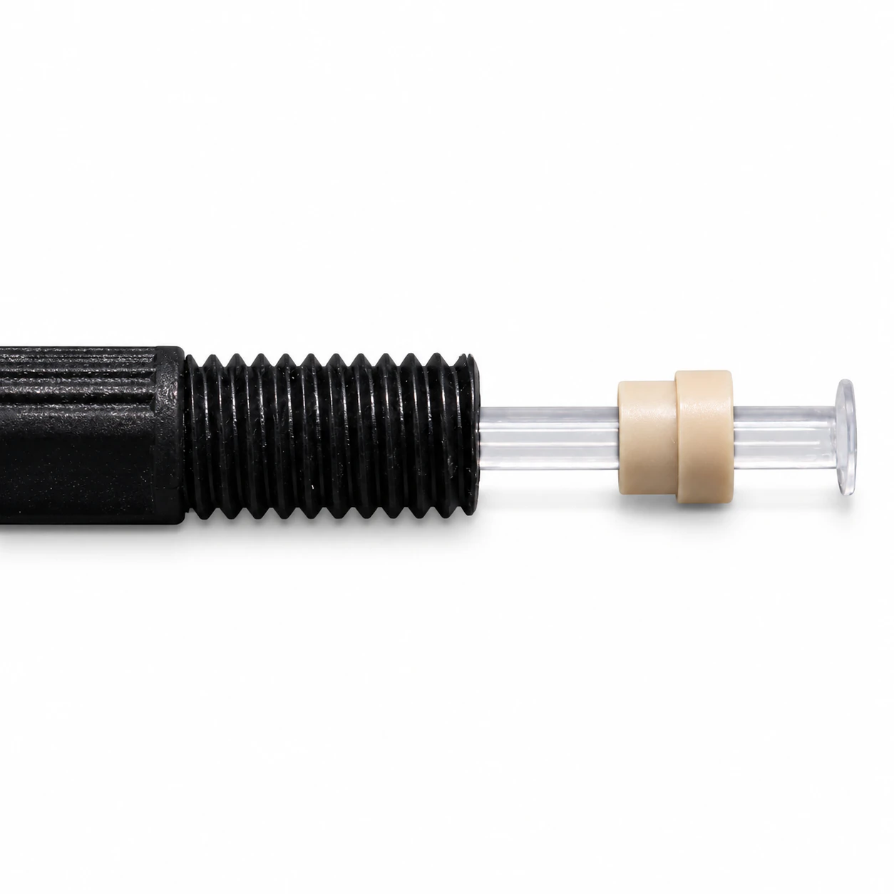 Vue éclatée d'un ensemble de tube FEP à collet : extrémité transparente à collet, raccord fileté noir et rondelle adaptée