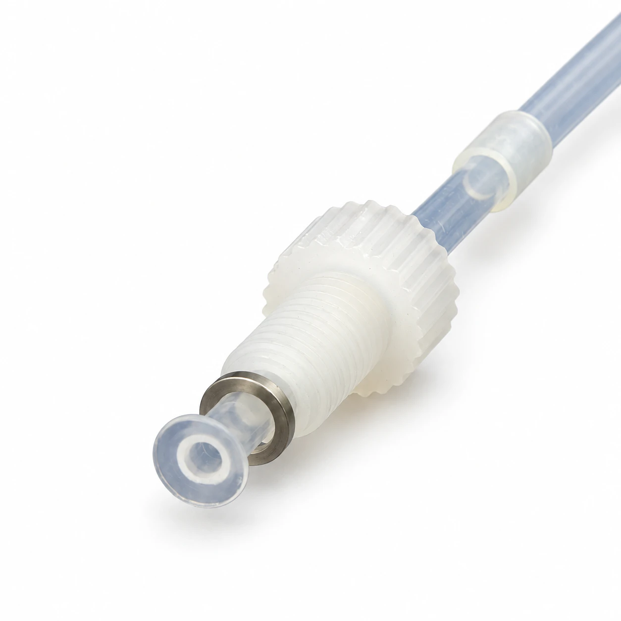 Ensemble de tube PFA à collet : extrémité transparente à collet, raccord fileté translucide et rondelle d'appui métallique