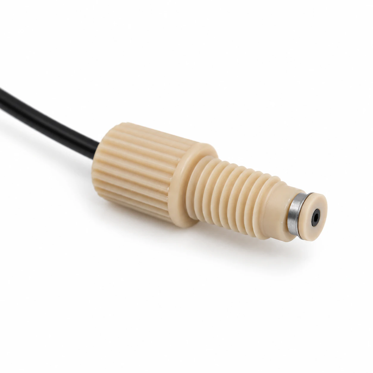 Black PTFE retaining-ring tubing assembly with black tubing, a beige threaded fitting, metal retaining ring and sealing washer