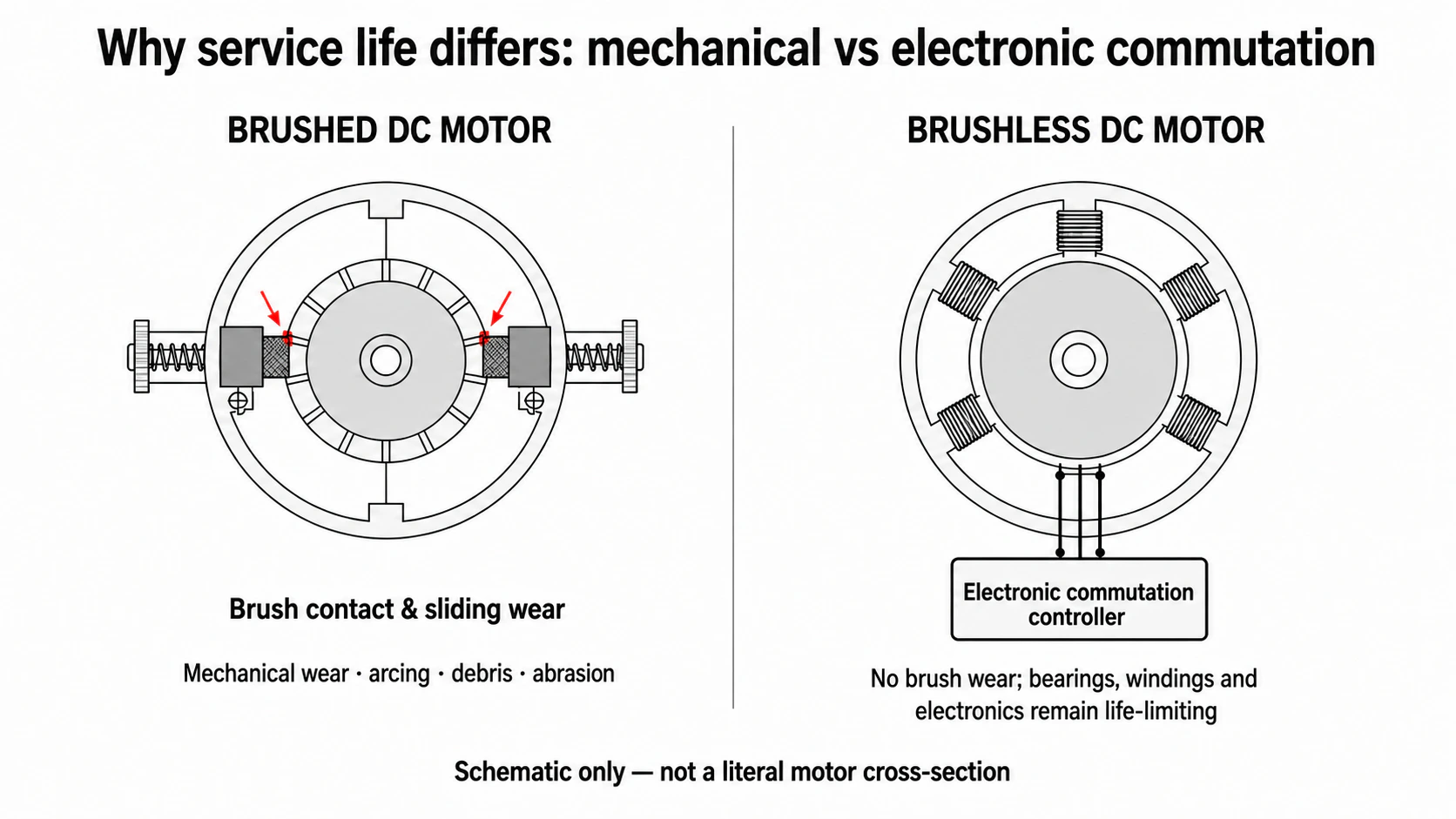 Technical cross-section comparing mechanical brush commutation with electronic brushless commutation
