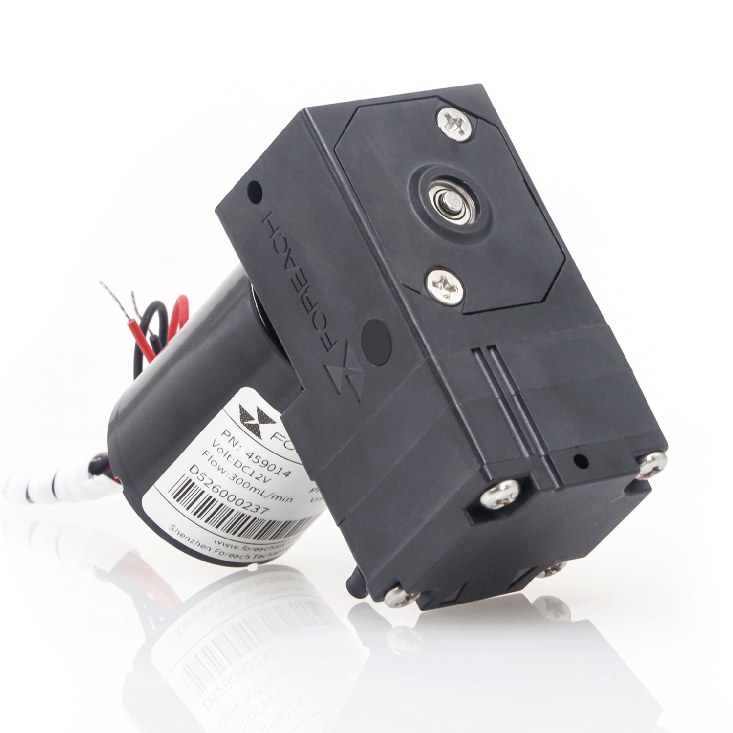 Bottom view of a FOREACH DPL30 miniature diaphragm pump showing the base and mounting holes