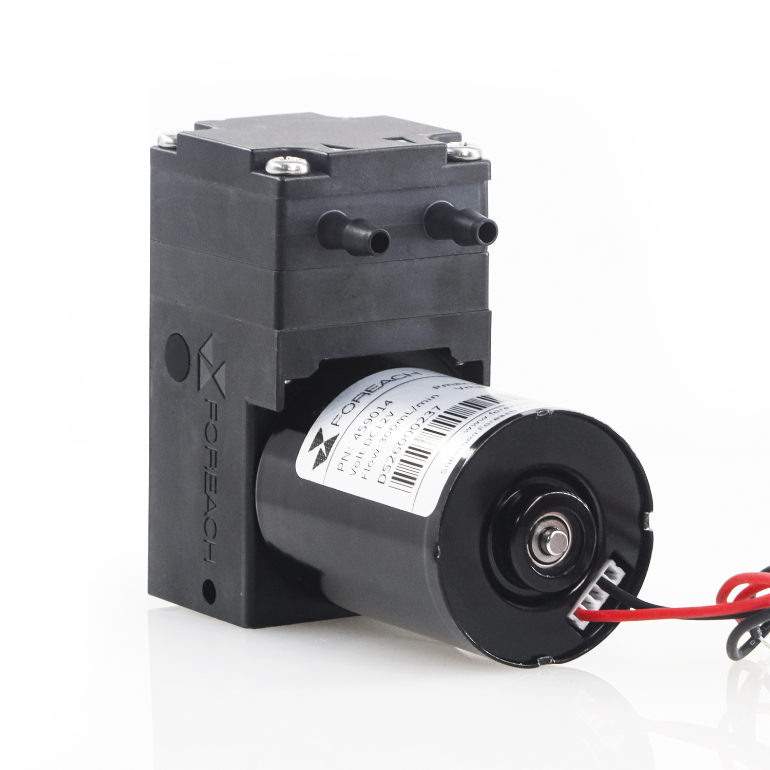 Port-side view of a FOREACH DPL30 miniature diaphragm pump showing the fluid ports and motor