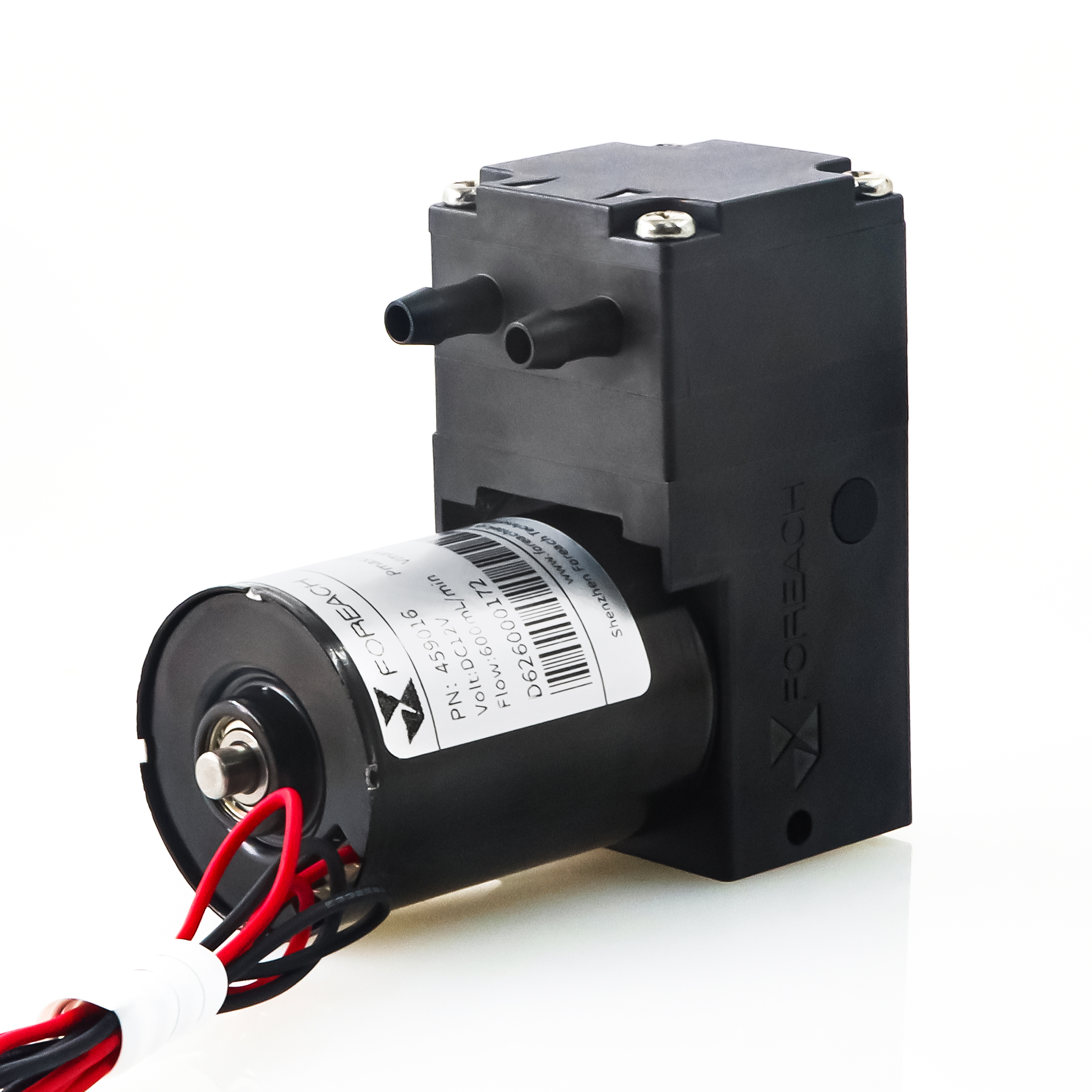 Horizontal view of a FOREACH DPL60 miniature diaphragm pump showing the pump head and motor