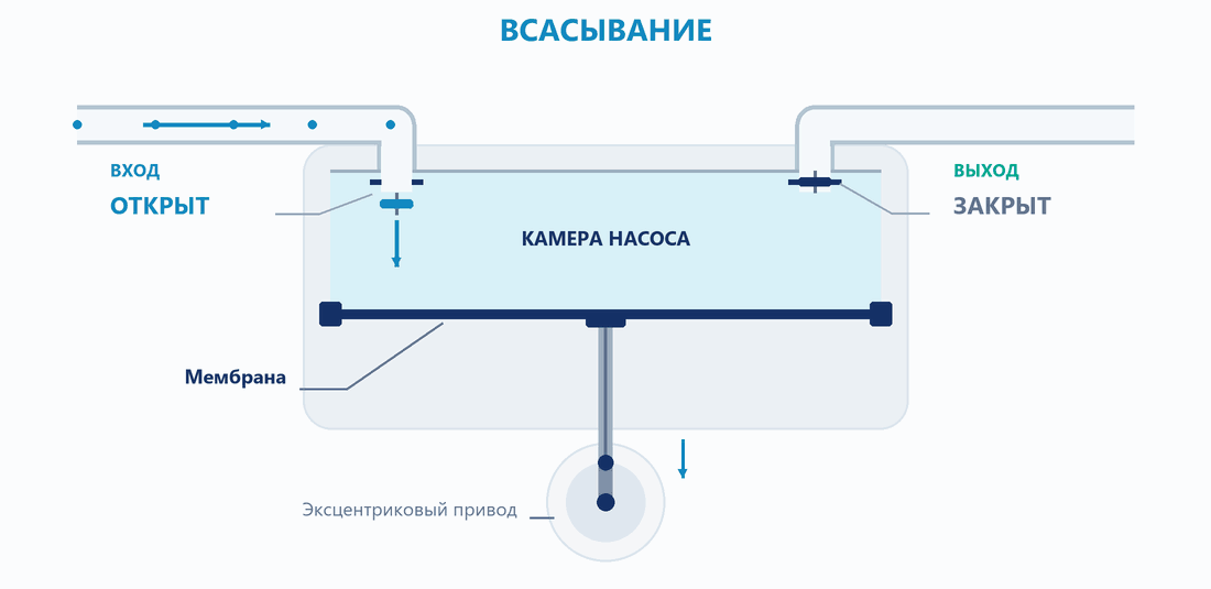 Анимация движения мембраны и попеременного открытия входного и выходного обратных клапанов