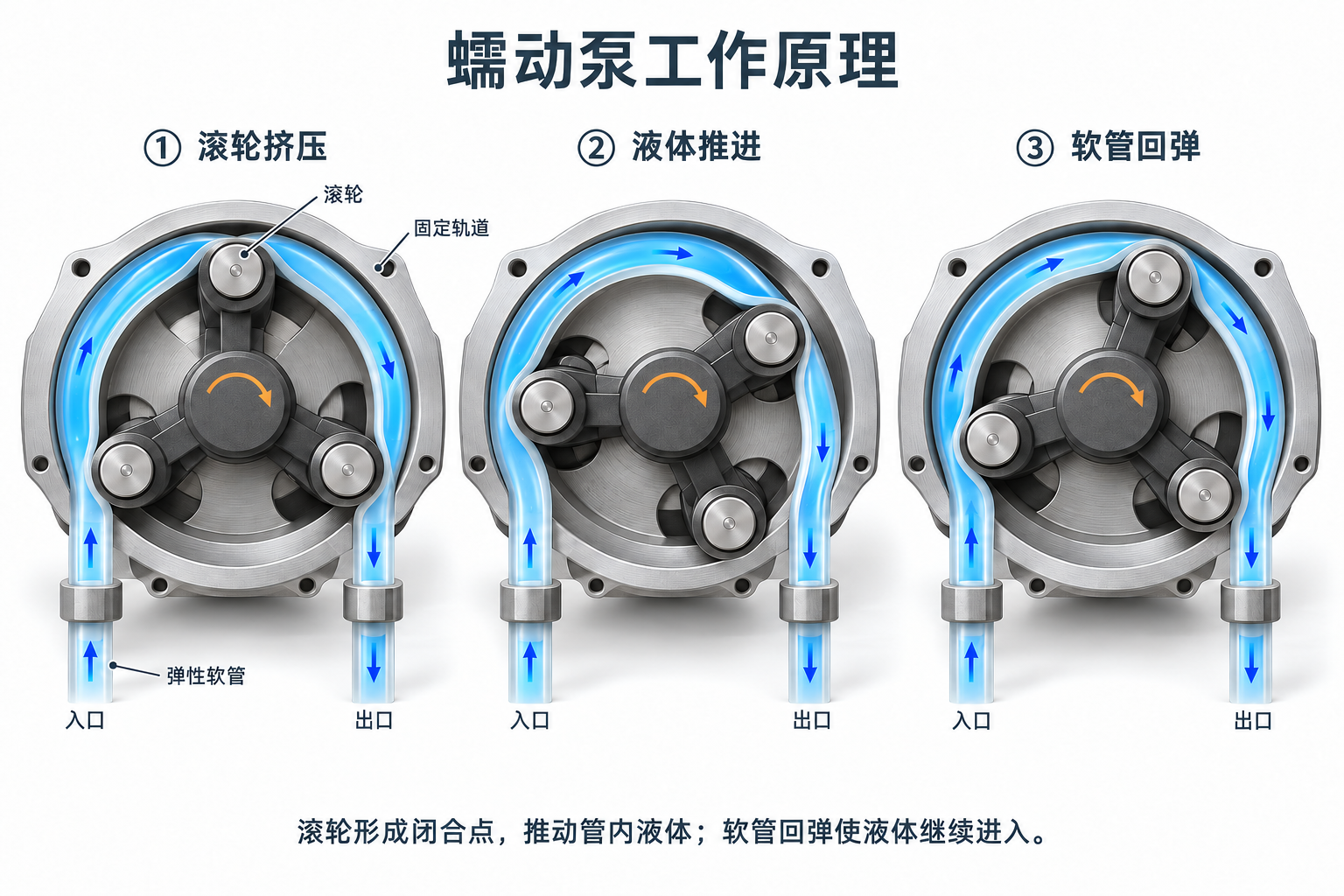 蠕动泵三阶段原理示意：滚轮沿固定轨道挤压软管形成闭合点，推动管内液体，软管随后回弹吸液