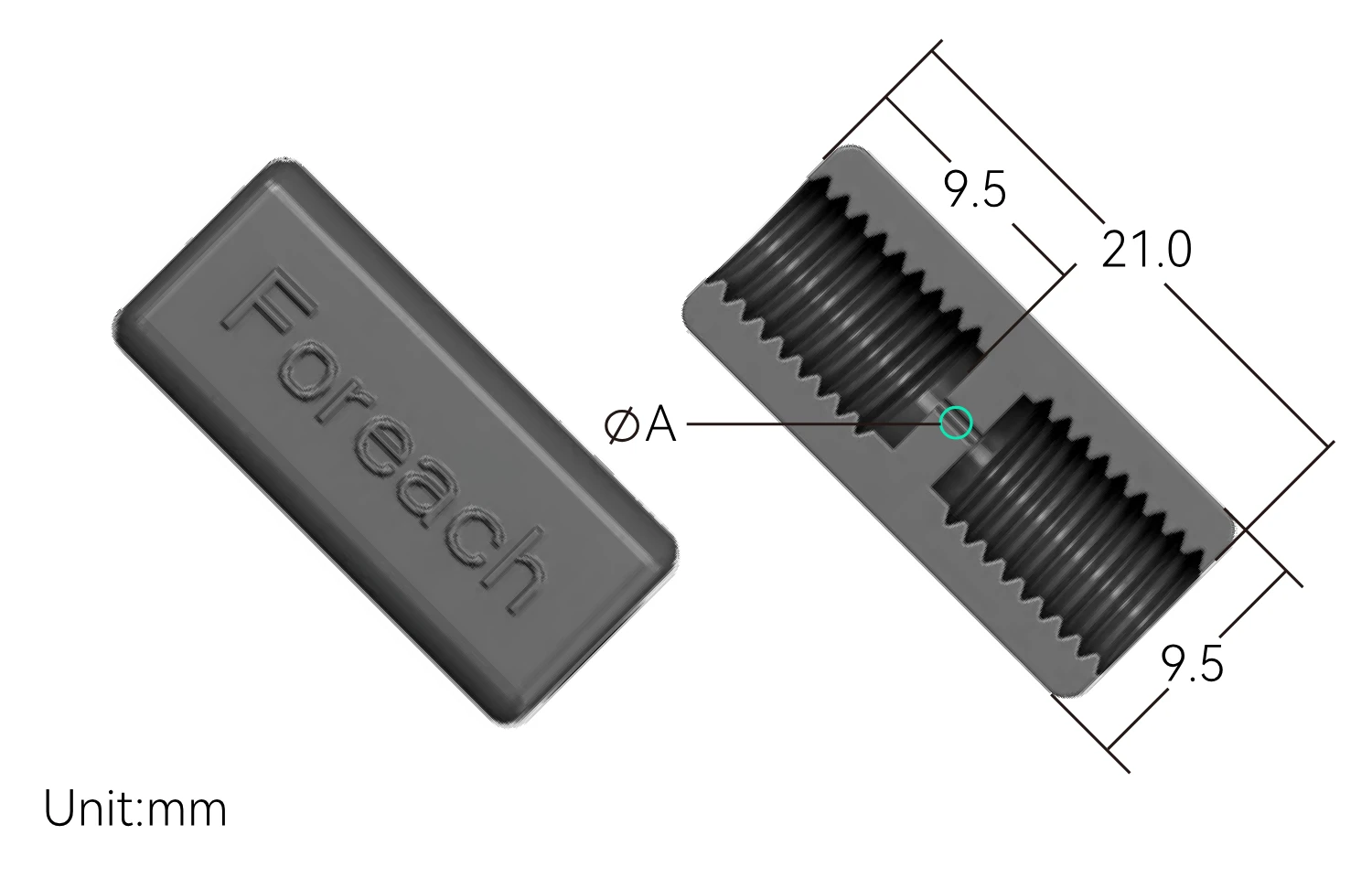 US square-body union outline and section; A indicates bore diameter and dimensions are in millimeters