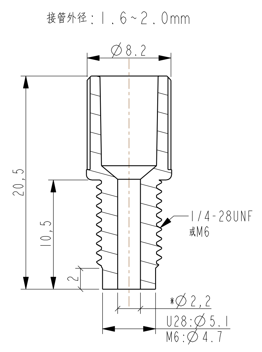 HF 接管外径 1.6 至 2.0 mm 规格尺寸剖面图,头部外径 8.2 mm,总长 20.5 mm