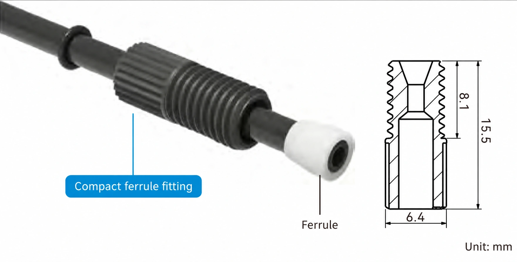 Assembly and dimensions of a compact ferrule fitting and ferrule