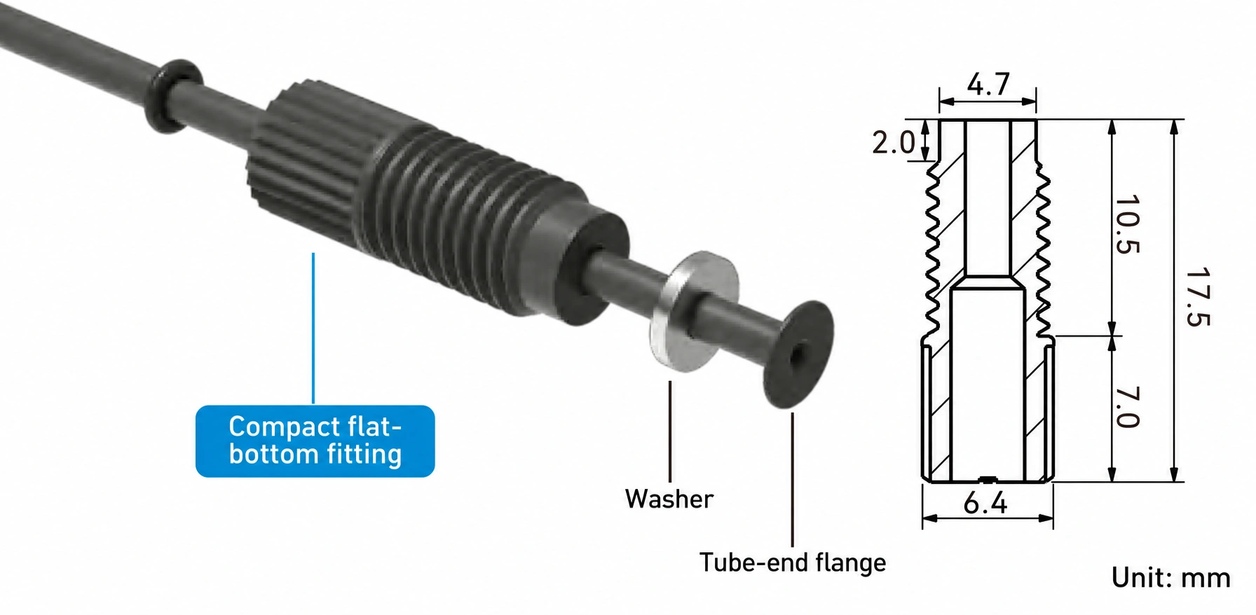 Assembly and dimensions of a compact flat-bottom fitting, washer and tube-end flange