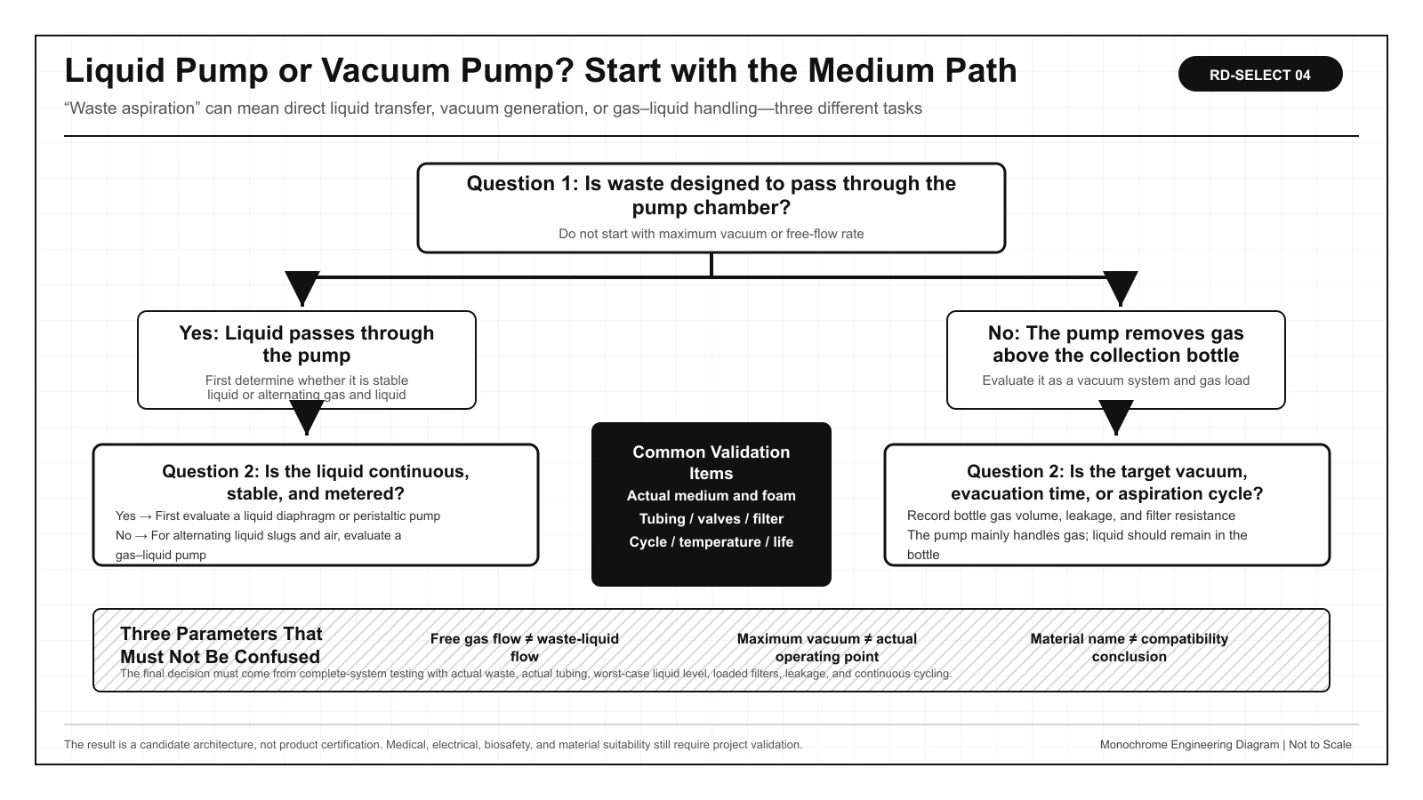 Decision diagram for IVD waste aspiration based on whether the medium passes through the pump, whether transfer is continuous and metered, and whether gas and liquid alternate