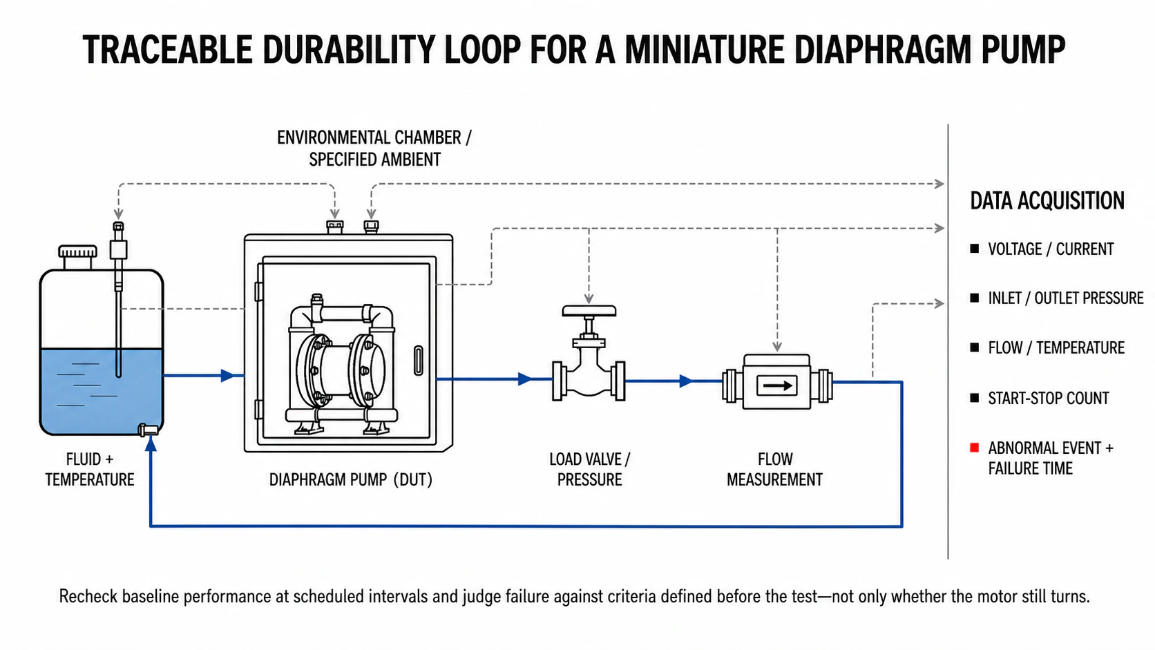 Traceable durability test loop for a miniature liquid diaphragm pump
