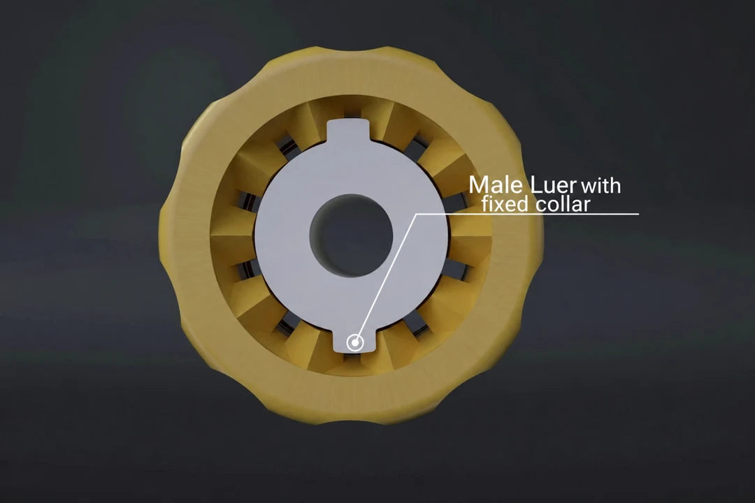 End view of a fixed-collar male Luer, with locating features preventing relative rotation between core and collar