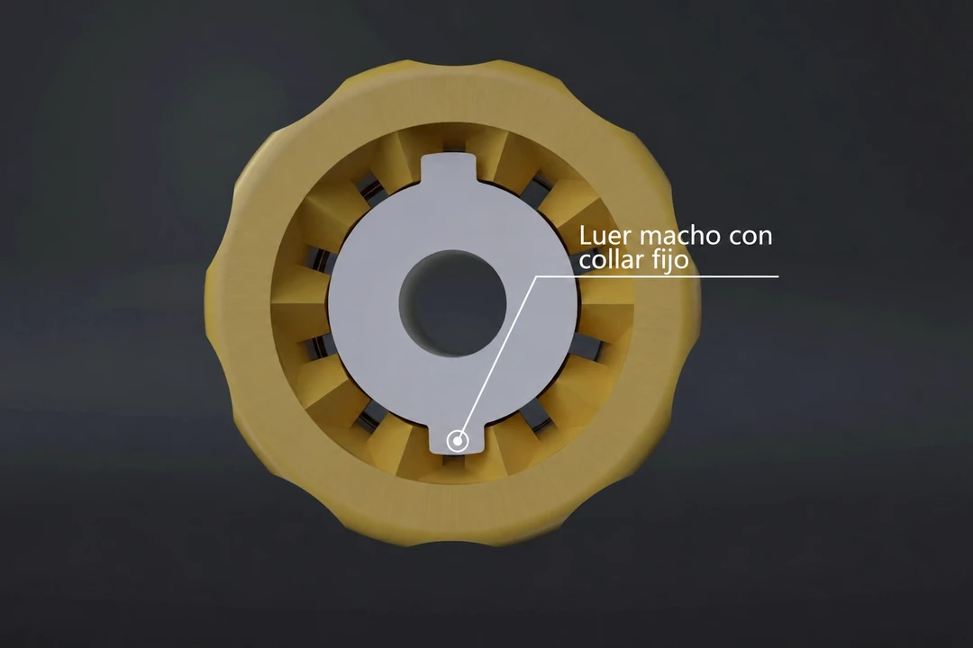 Vista frontal de un Luer macho con collar fijo; los elementos de posicionamiento impiden el giro relativo entre núcleo y collar