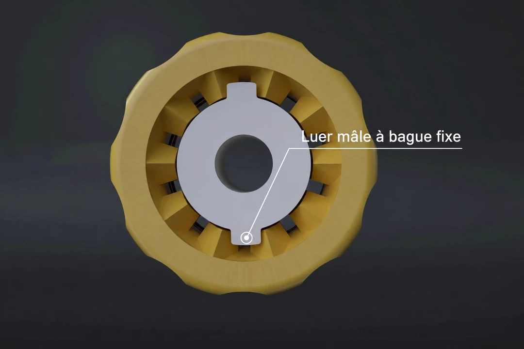 Vue de face d’un Luer mâle à bague fixe ; les éléments de positionnement empêchent la rotation relative du noyau et de la bague