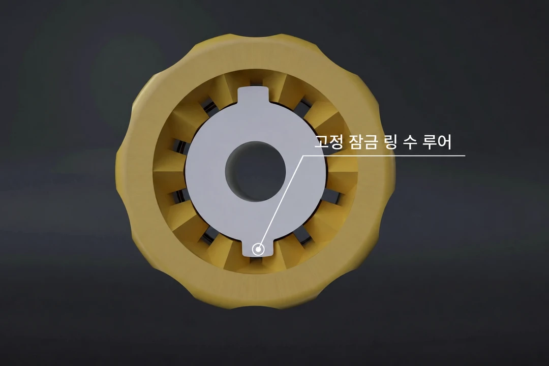 고정 잠금 링 수 루어의 정면 구조로, 위치 결정부가 코어와 링 사이의 상대 회전을 제한