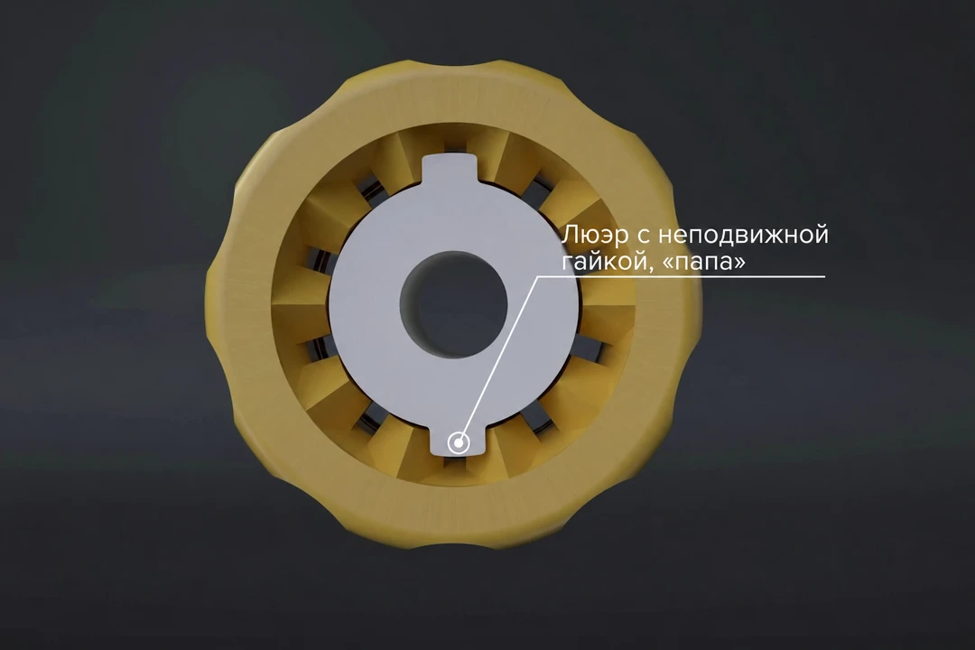 Вид с торца фитинга «папа» с неподвижной гайкой: позиционирующие элементы ограничивают вращение гайки относительно сердечника