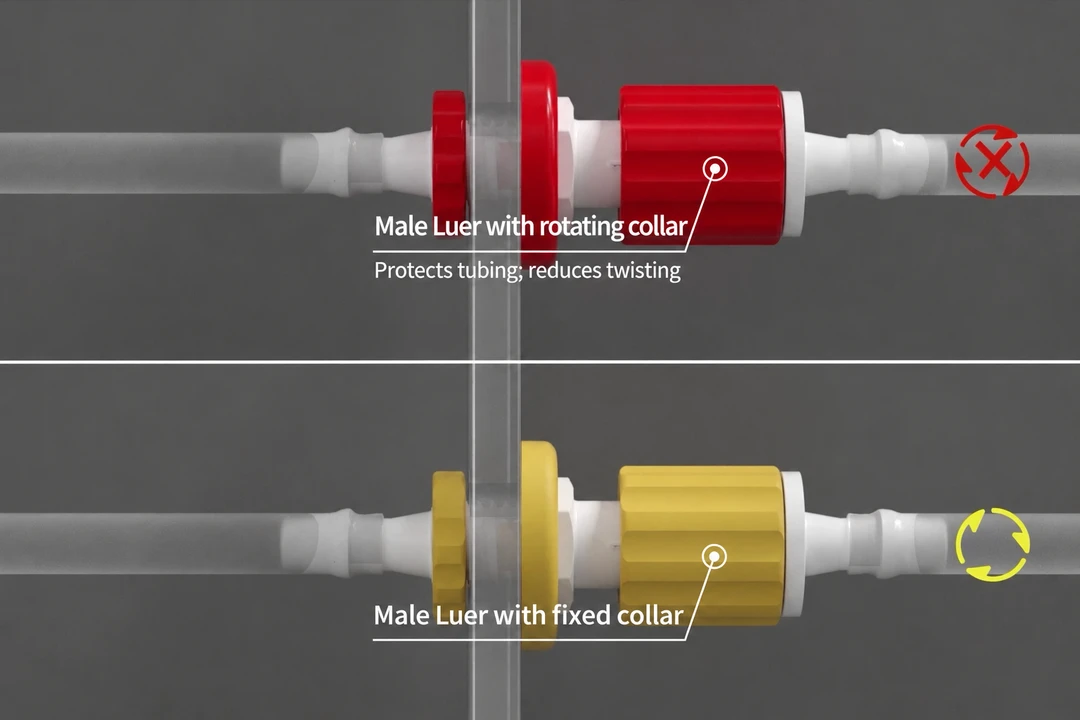 Assembly comparison at a fixed female port: the upper rotating collar maintains tubing orientation; the lower fixed collar turns the tubing with the fitting