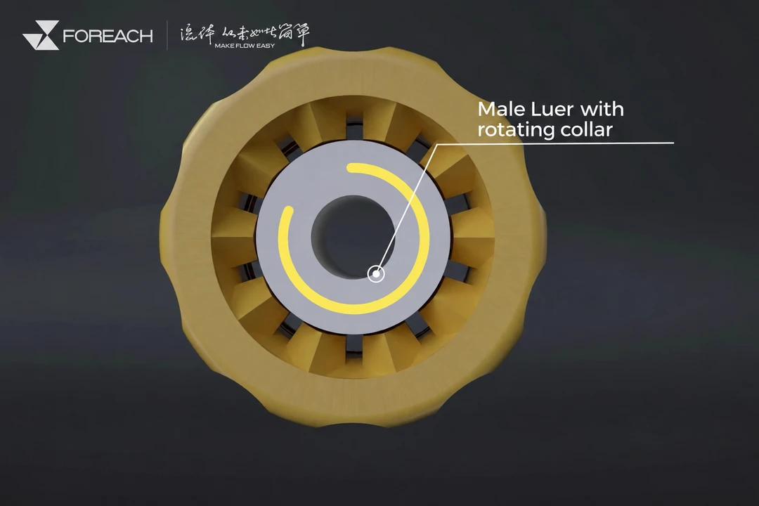 End view of a rotating-collar male Luer, with a yellow circular arrow indicating relative rotation between collar and core