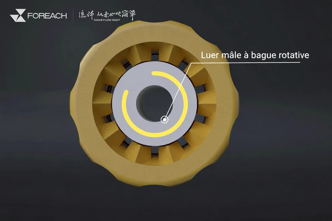 Vue de face d’un Luer mâle à bague rotative ; la flèche circulaire jaune indique la rotation relative entre bague et noyau