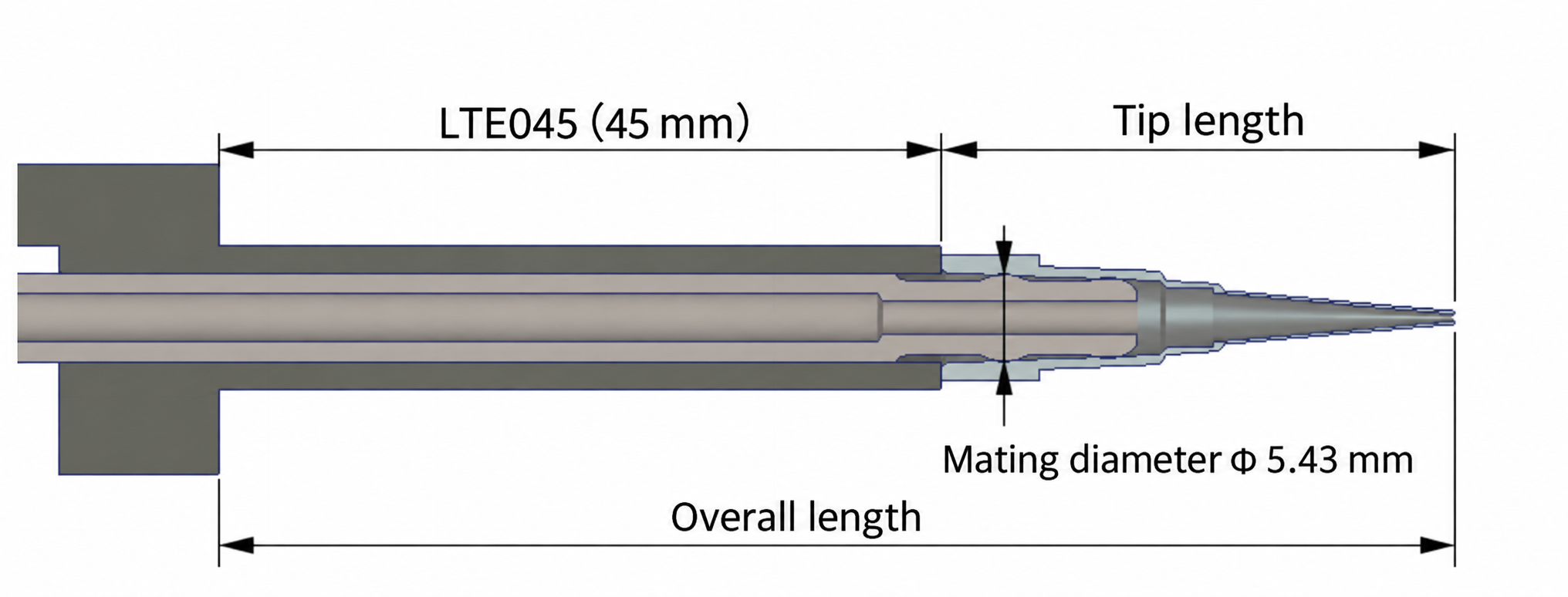 Manufacturer-supplied tip-interface reference showing LTE045 (45 mm), mating diameter 5.43 mm, tip length and total length