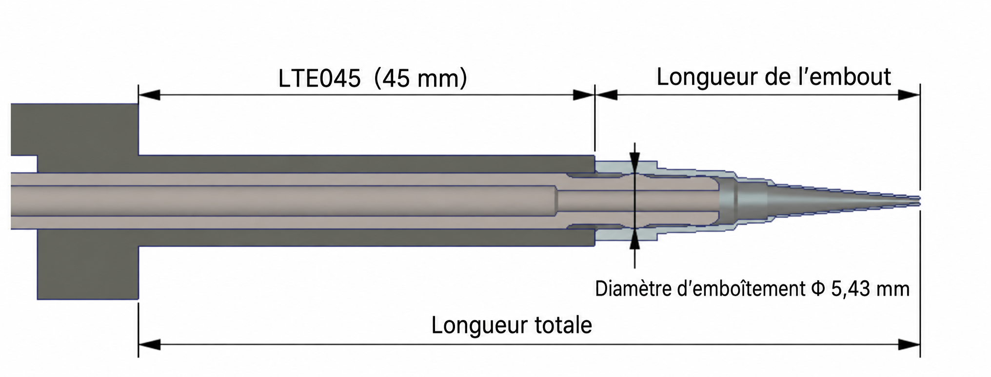 Référence fabricant de l’interface d’embout : LTE045 (45 mm), diamètre d’emboîtement de 5,43 mm, longueur d’embout et longueur totale
