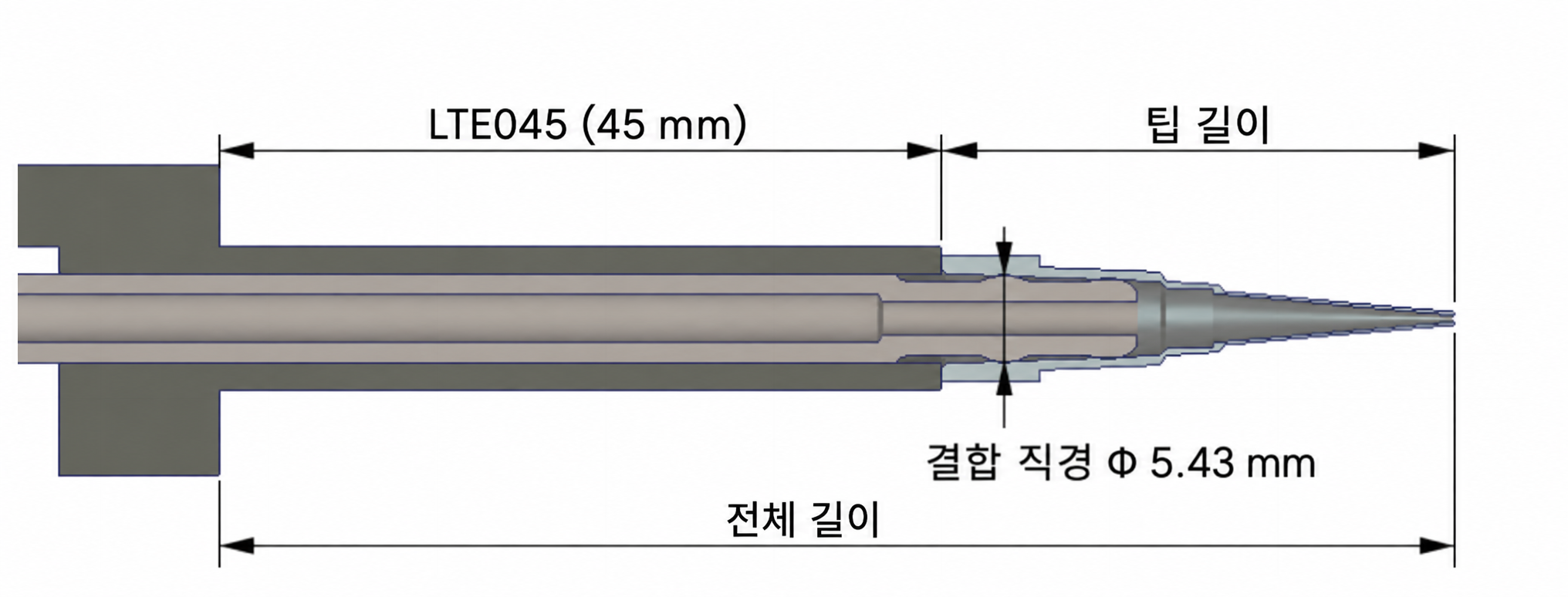 LTE045(45 mm), 결합 직경 5.43 mm, 팁 길이 및 전체 길이를 표시한 제조사 제공 팁 인터페이스 참고 도면