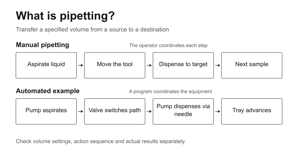 Manual and automated pipetting workflows: an operator transfers liquid by hand, while a syringe pump, switching valve, needle and tray dispense into successive cups.
